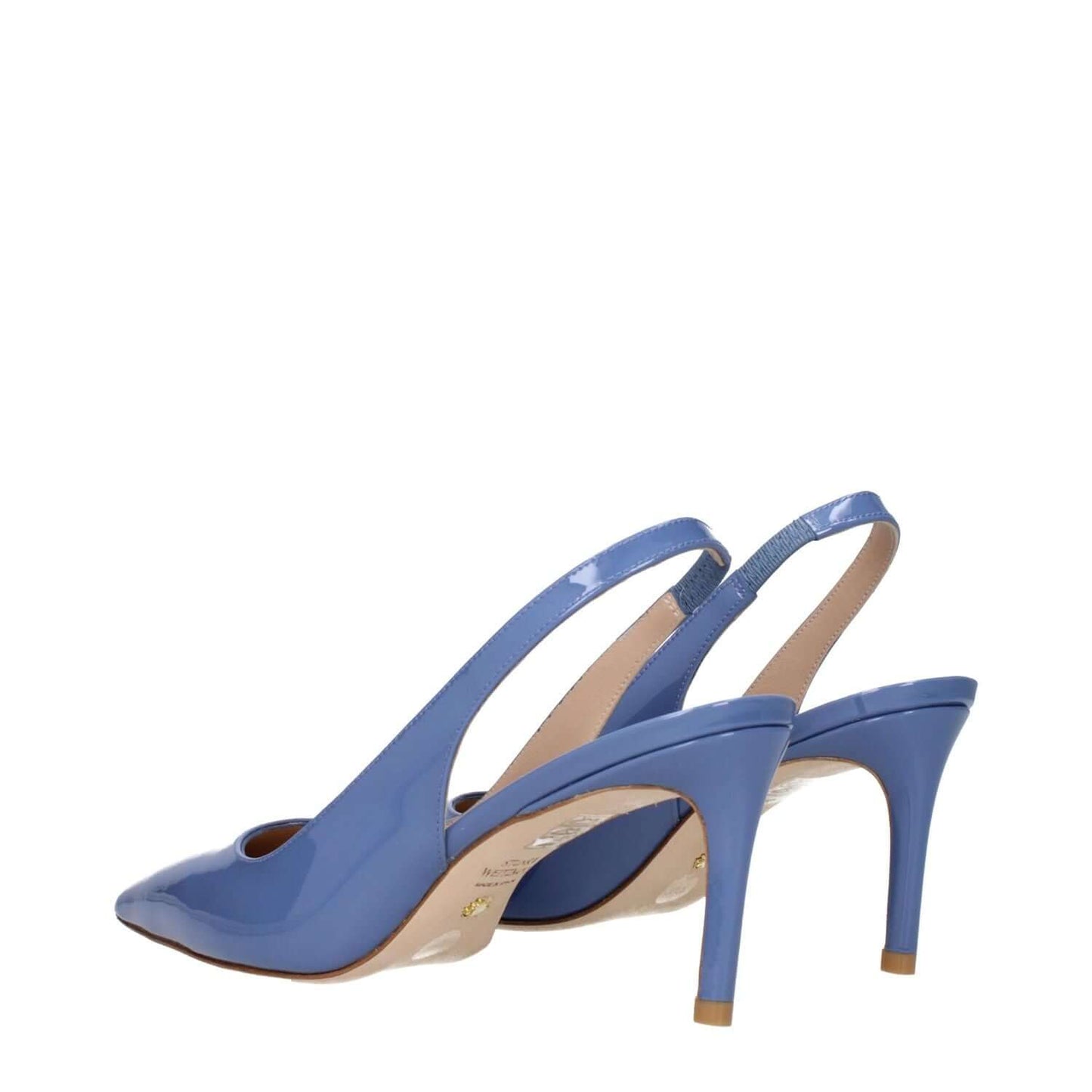Stuart Weitzman Light Blue Leather High Heel Pumps with pointy toe and mid heel, made from patent leather, side view
