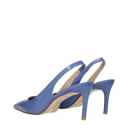 Stuart Weitzman Light Blue Leather High Heel Pumps with pointy toe and mid heel, made from patent leather, side view