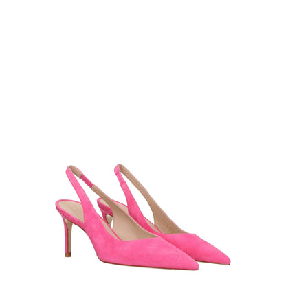 Stuart Weitzman Pink Leather High Heel Pumps with suede finish, pointy toe, and mid heels, 7.5 cm height, in rose pink color.