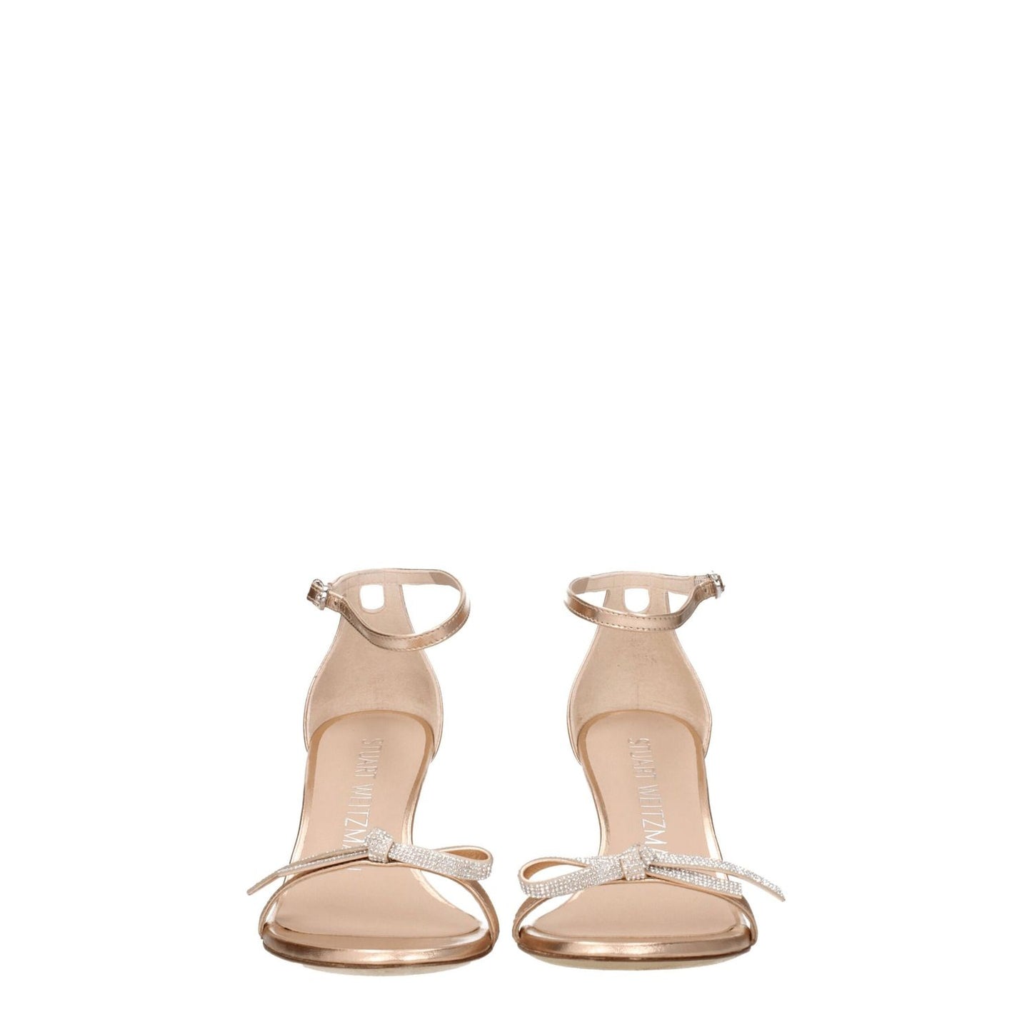 Stuart Weitzman Pink Leather Stiletto Heel Sandals with metallic effect, open toe, buckle closure, and mid heels, front view