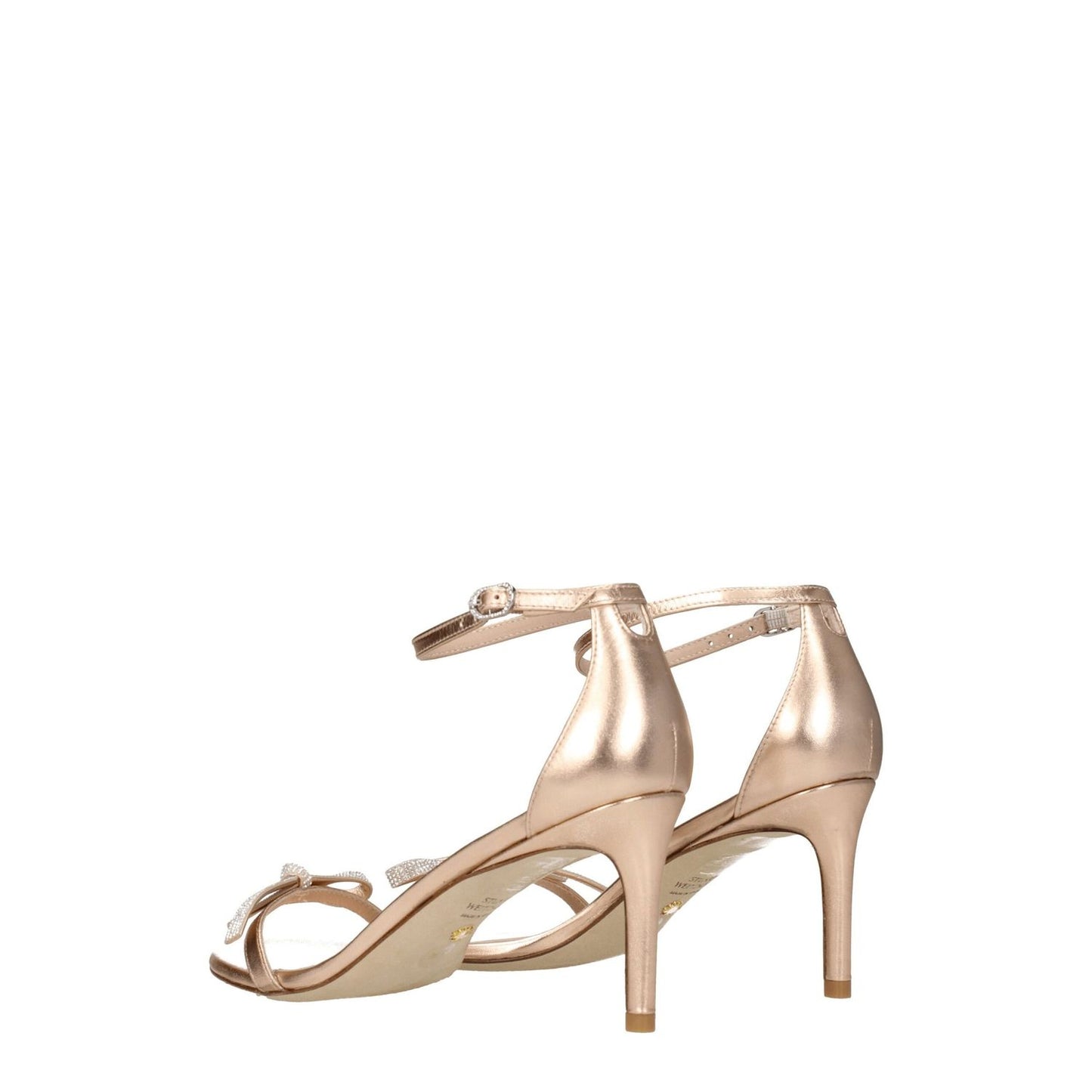 Stuart Weitzman Pink Leather Stiletto Heel Sandals with buckle closure, open toe, and a 7.5 cm mid-heel in metallic silver effect.