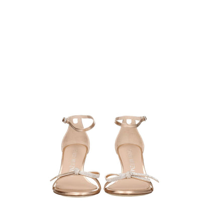 Stuart Weitzman Pink Leather Stiletto Heels Sandals with buckle closure, metallic effect, mid heels, and open toe design.