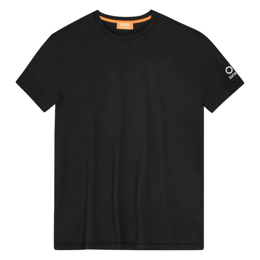 Suns Black Nylon T-Shirt with crew neck, stretch fabric, and shoulder logo print, featuring sleek black design.