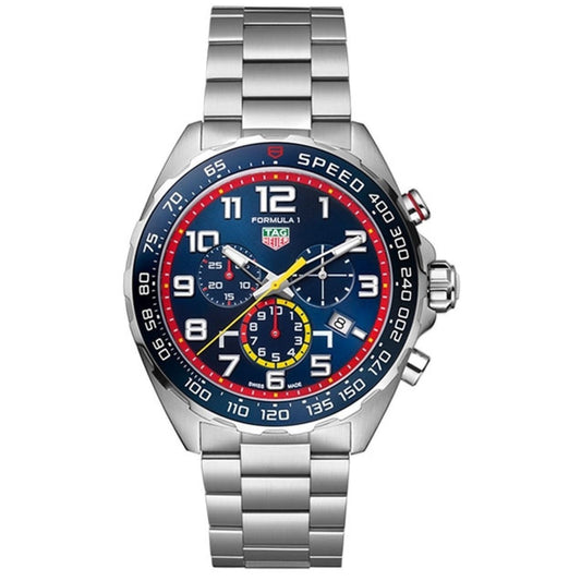 TAG HEUER Mod. F1 CHRONO - REDBULL wristwatch with stainless steel bracelet, 43mm case, quartz movement, chronograph, and sapphire dial.