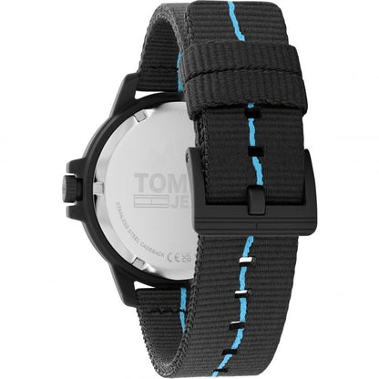 Back view of TOMMY HILFIGER Mod. 1791999 stainless steel case men's watch with black bracelet and blue accents.