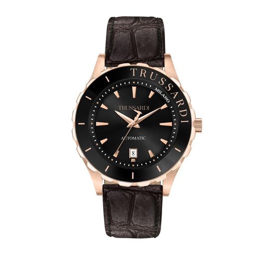 TRUSSARDI MOD. T-LOGO gent wristwatch, 43mm quartz, rose gold SS IP case, leather strap, mineral dial, 5 ATM water resistant, in official box