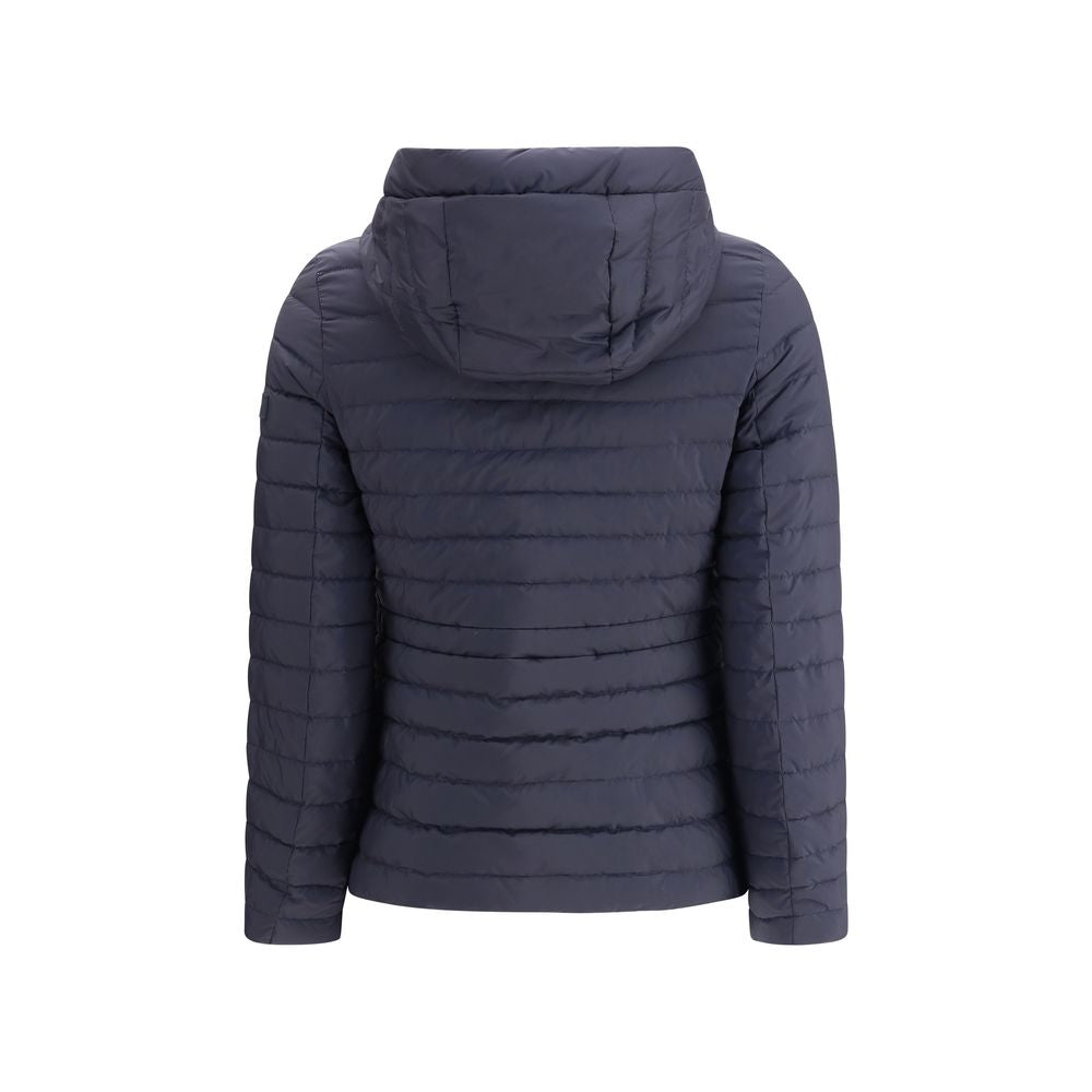 Back view of Tatras Blue Nylon Full-Length Jacket with adjustable hood and quilted design, perfect for AW25 cold season.