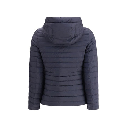 Back view of Tatras Blue Nylon Full-Length Jacket with adjustable hood and quilted design, perfect for AW25 cold season.