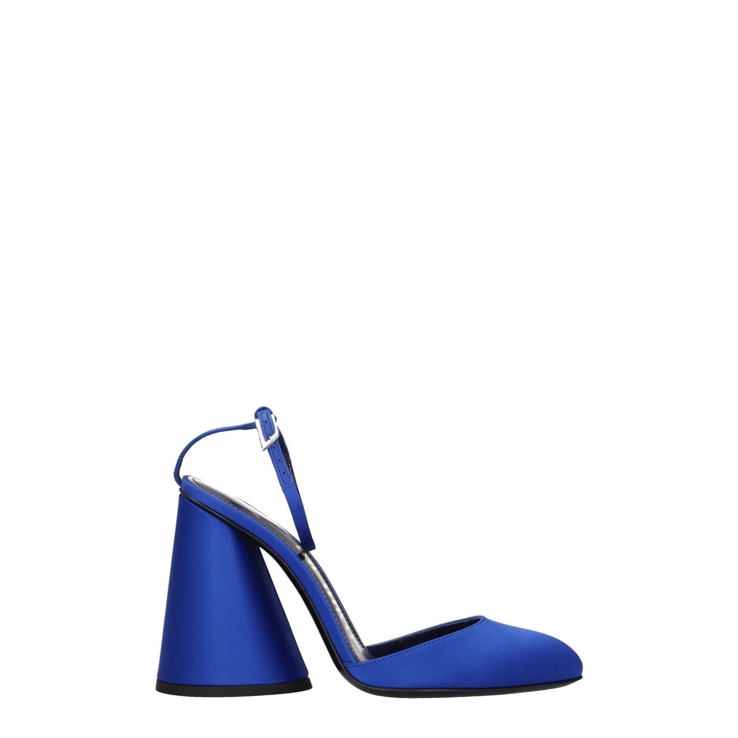 The Attico Blue Satin Platform Sandals with high heel and round toe, featuring buckle closure, cobalt accents, and leather sole.