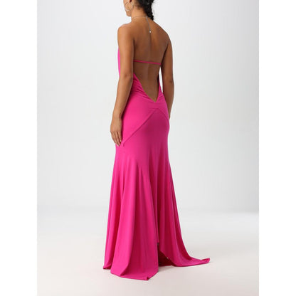 The Attico Fuchsia Jersey Cocktail Dress with halter neckline and fitted waist, ideal for evening events, shown from the back on a model.