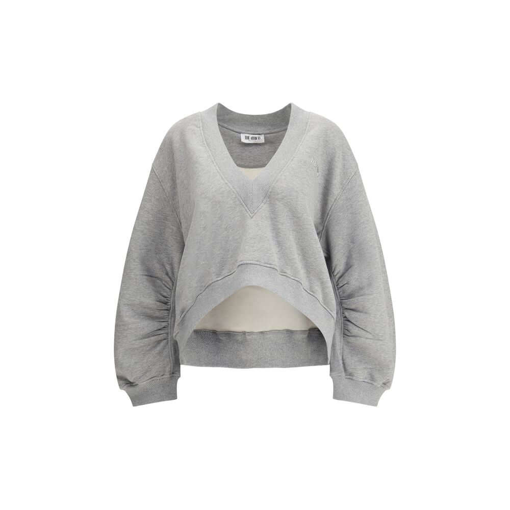 The Attico Gray Cotton Sweatshirt with deep V-neckline and tone-on-tone logo, featuring an oversized gauzy fleece design and faded grey finish.