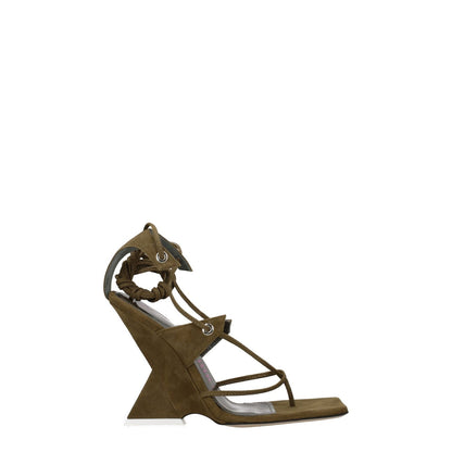 The Attico Green Leather Flip-Flop Sandals in suede with self-tie closure, high heel, open toe, and leather sole. MPN: S601L007081.