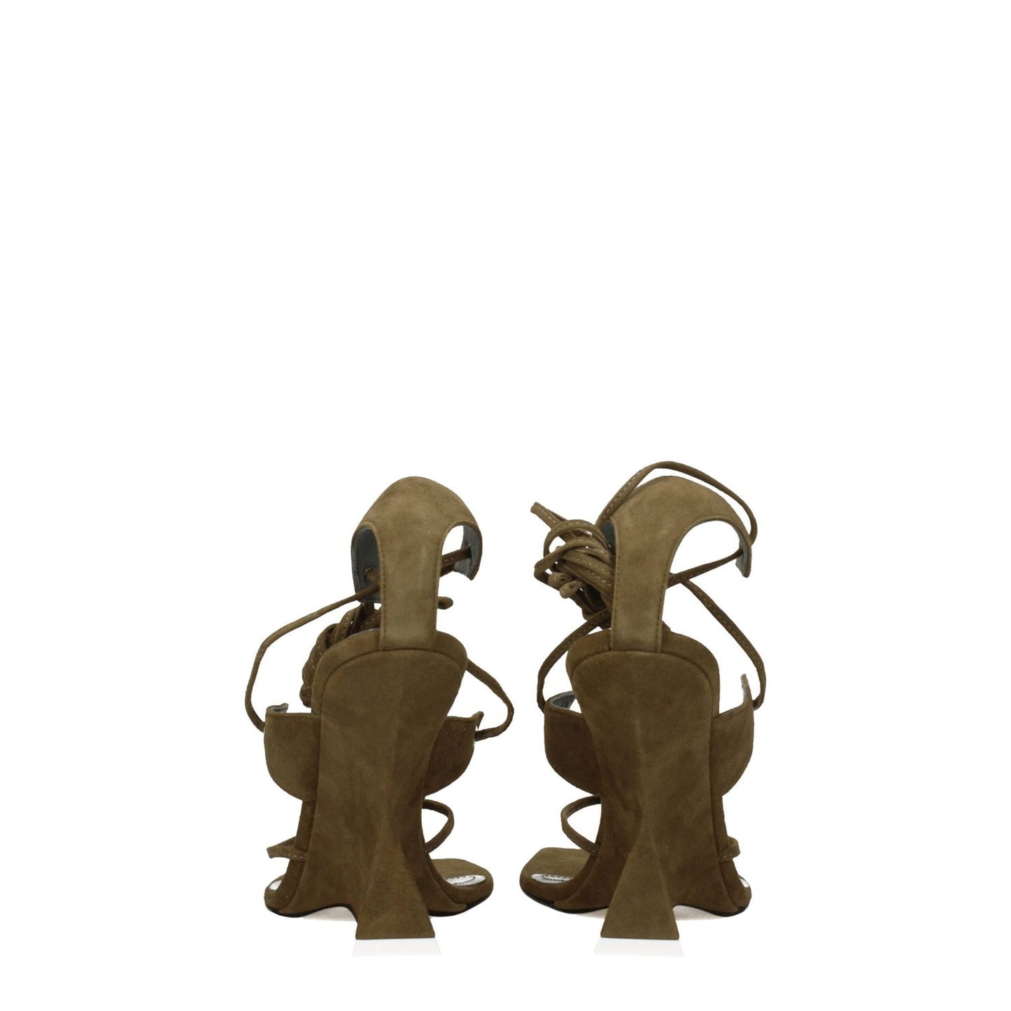 Back view of The Attico Green Leather Flip-Flop Sandals with high heels and open toe design, featuring military green suede and self-tie closure.