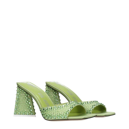 The Attico Green Satin Stiletto Heel Sandals with rhinestones, 8.5 cm mid heels, leather sole, open toe design.