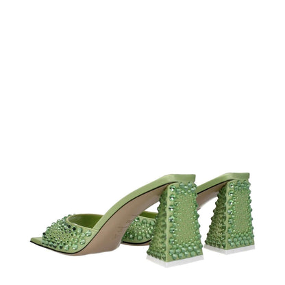 The Attico Green Satin Stiletto Heel Sandals with rhinestones and open toe design, featuring mid heels and leather sole.