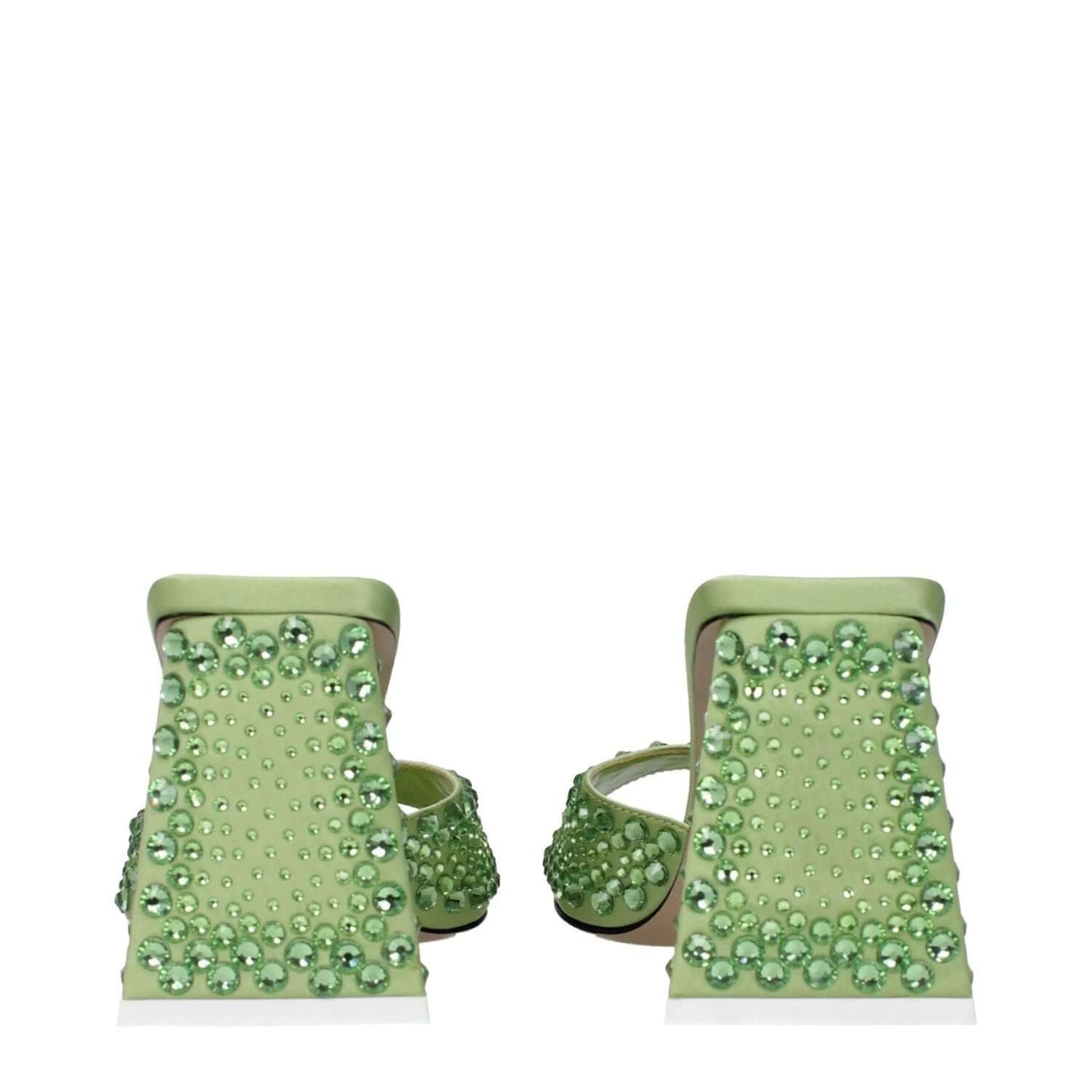 The Attico Green Satin Stiletto Heel Sandals with rhinestones, leather sole, 8.5 cm mid heels, lime accents, and open toe design.