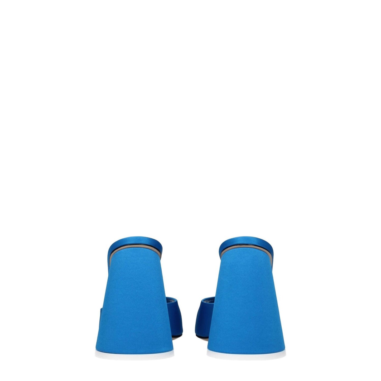 The Attico Light Blue Satin Platform Sandals with open toe and high heel, back view showing turquoise design and leather sole.