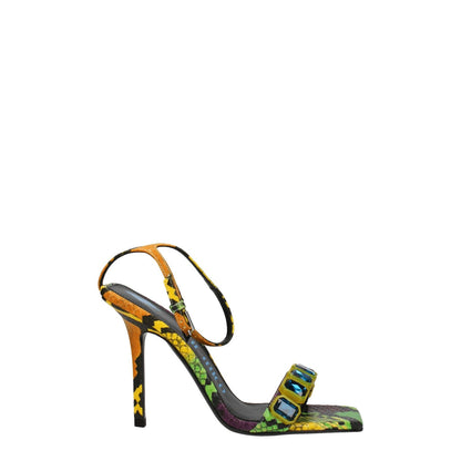 The Attico Multicolor Leather Stiletto Heel Sandals with buckle closure, open toe, high heel, snake print, side view.