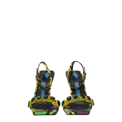 The Attico Multicolor Leather Stiletto Heel Sandals with stones, open toe, buckle closure, and snake print design.