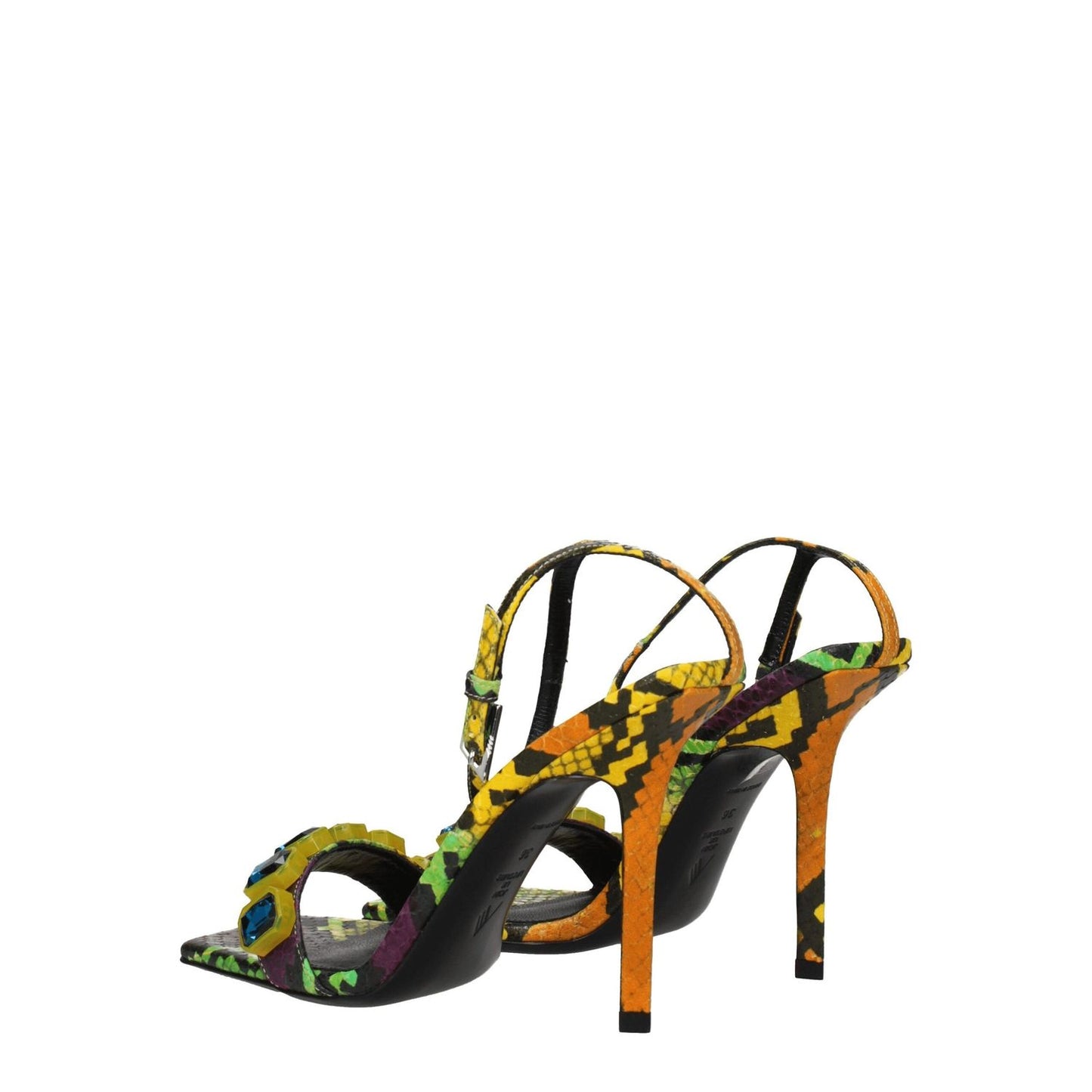 The Attico Multicolor Leather Stiletto Heel Sandals with snake print, open toe, and buckle closure, heel height 10.5 cm.