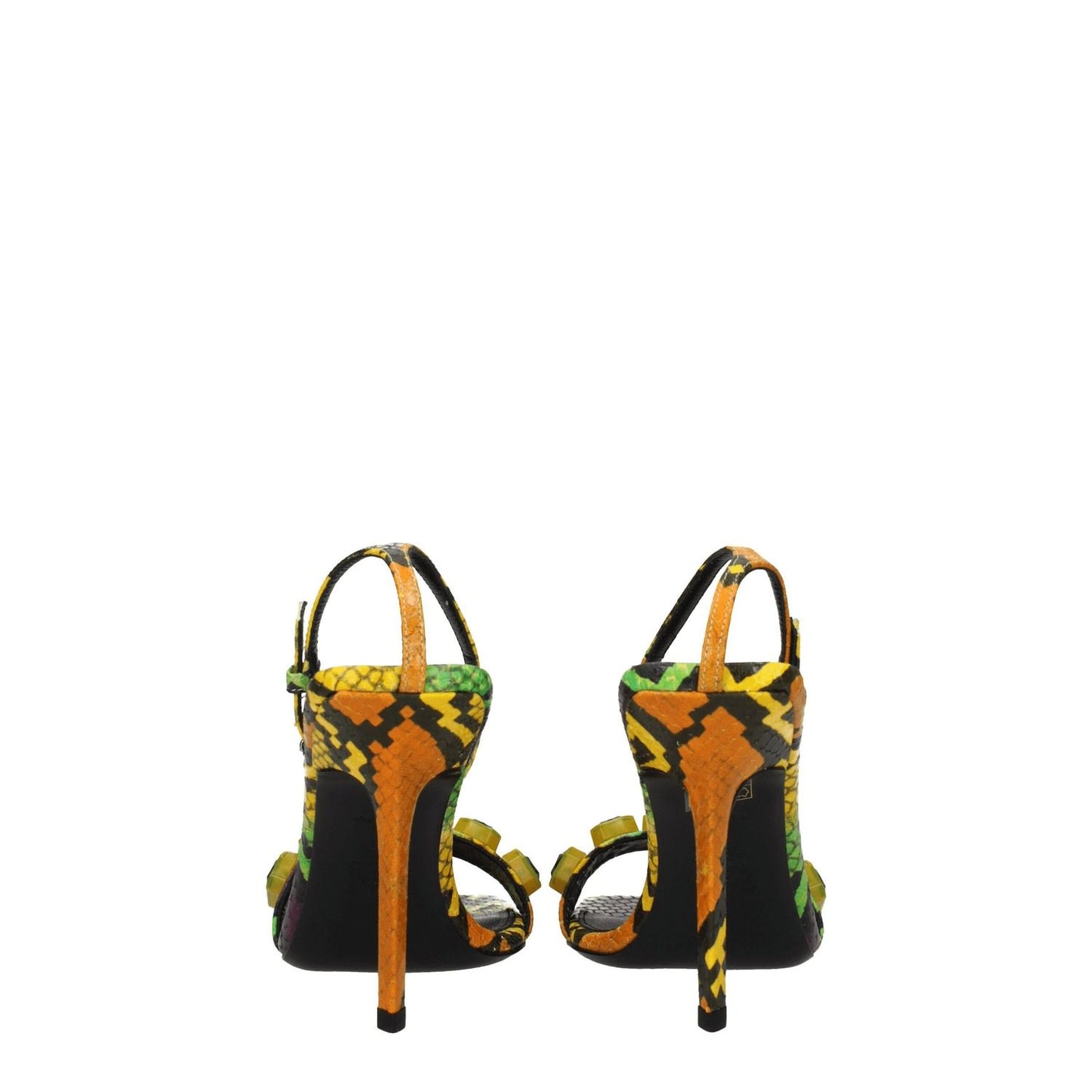 The Attico Multicolor Leather Stiletto Heel Sandals with snake print, high heels, buckle closure, open toe, and aged effect design.