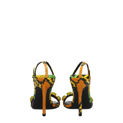 The Attico Multicolor Leather Stiletto Heel Sandals with snake print, high heels, buckle closure, open toe, and aged effect design.