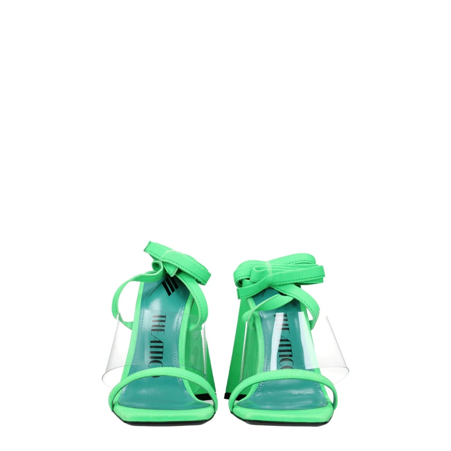 The Attico Transparent Leather Flat Sandals in fluo green suede with self-tie closure and high heel, front view.