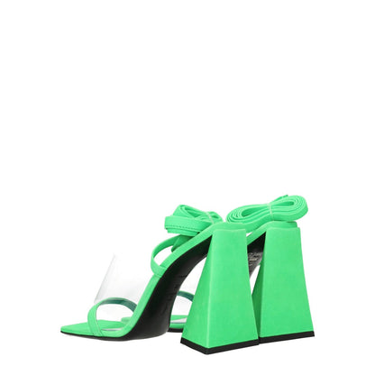 The Attico Transparent Leather Flat Sandals in fluo green with suede and leather, high heel, and self tie closure.
