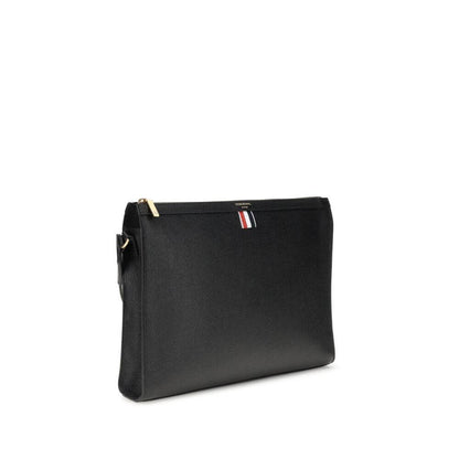 Thom Browne Black Calf Leather Bos Taurus Clutch Bag with tricolor detail and signature logo, features adjustable shoulder strap, AW25.