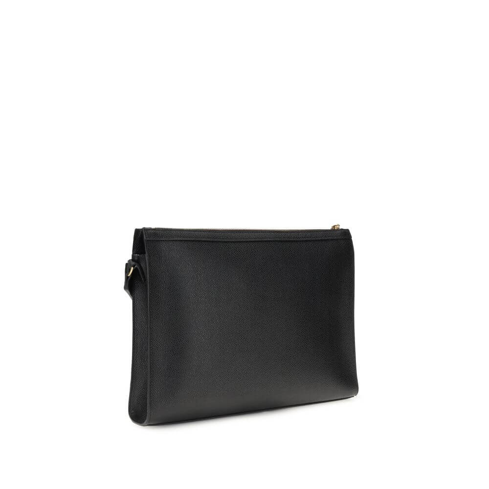 Thom Browne Black Calf Leather Bos Taurus Clutch Bag with top zipper and tricolor detail for versatile elegance.