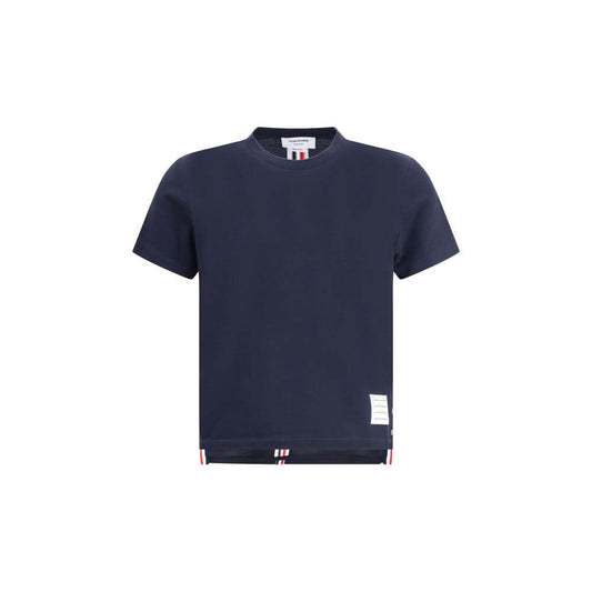 Thom Browne Blue Cotton T-Shirt with logo patch, ribbed crew neck, colored bands, and adjustable side slits.