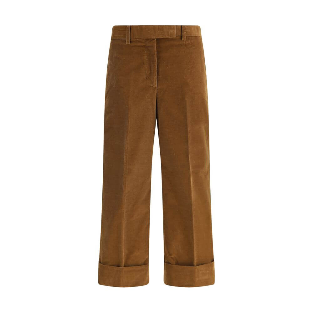 Thom Browne Brown Cotton Casual Pants with corduroy texture, tricolor applique, and turned-up hems.