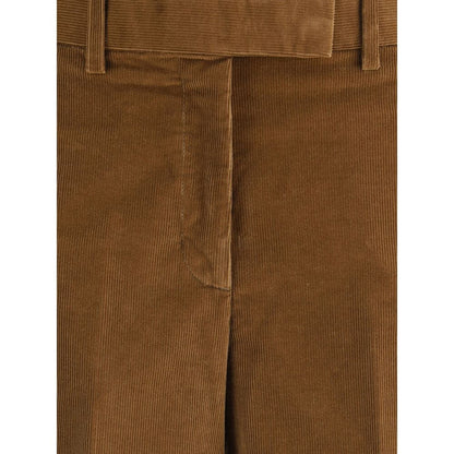 Close-up of Thom Browne Brown Cotton Casual Pants in corduroy with front zipper and hook-and-eye closure, featuring detailed texture.