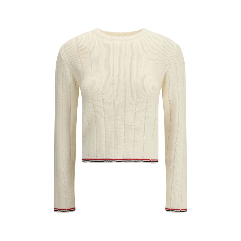 Thom Browne Cream Fleece Wool Sweatshirt with ribbed crew neck and tricolor accents for contemporary style.