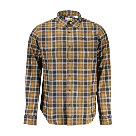 Timberland Brown Cotton Shirt with tartan pattern, long sleeves, regular fit, Italian collar, 1 button cuffs, and logo embroidery.