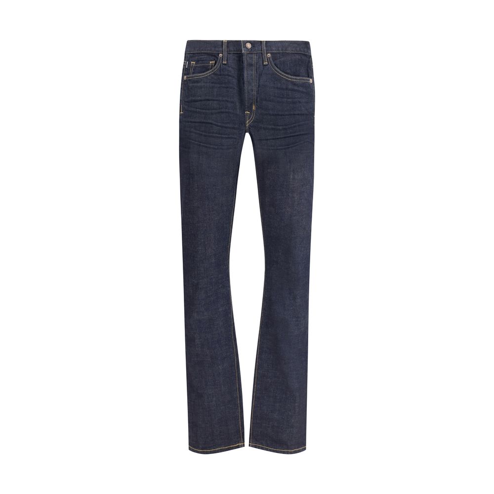 Alt Tag: Tom Ford Blue Cotton Straight-Leg Jeans with button closure and 5-pocket design for a timeless, elegant look.