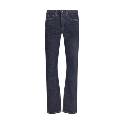 Alt Tag: Tom Ford Blue Cotton Straight-Leg Jeans with button closure and 5-pocket design for a timeless, elegant look.