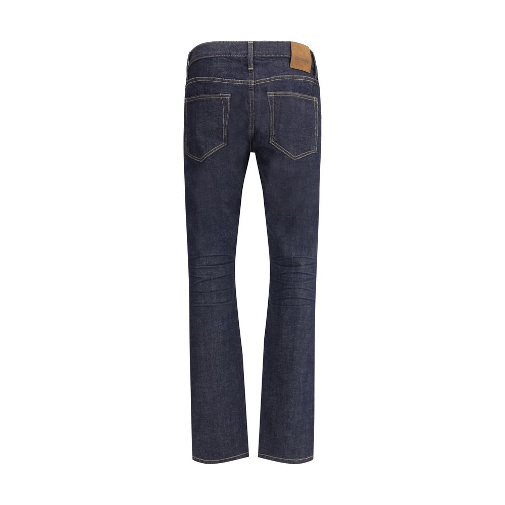 Back view of Tom Ford Blue Cotton Straight-Leg Jeans showcasing classic 5-pocket design and selvedge denim craftsmanship.