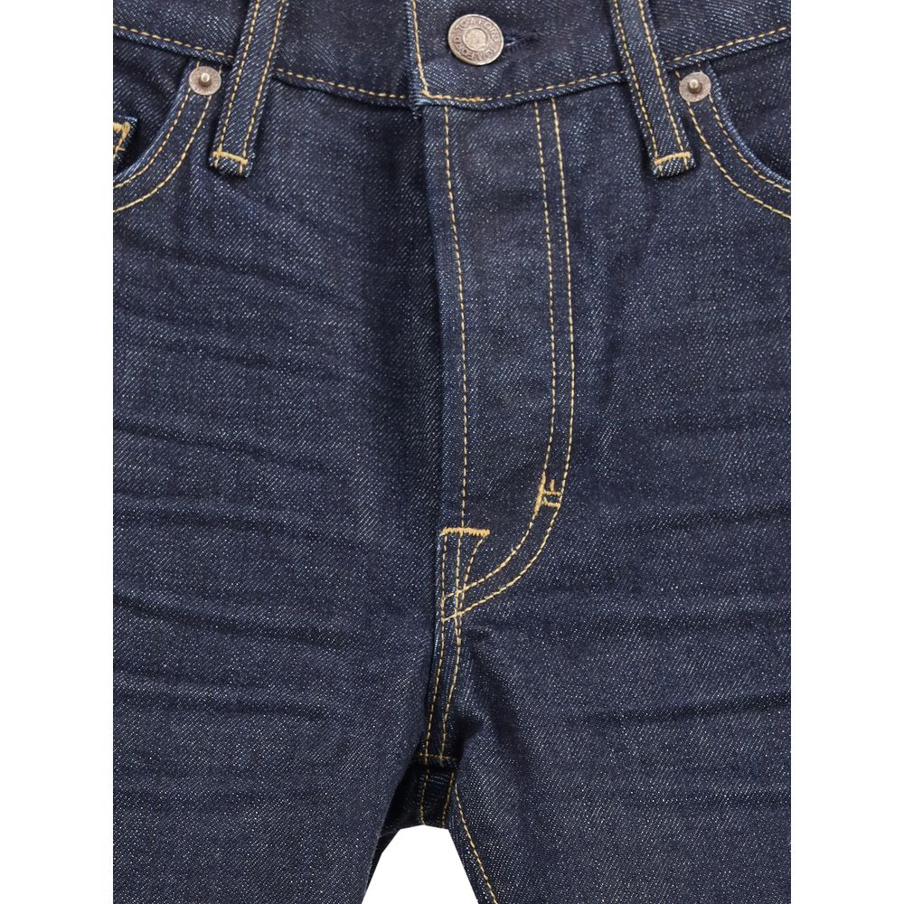 Tom Ford Blue Cotton Straight-Leg Jeans with button closure and classic 5-pocket design. Premium quality denim for timeless elegance.