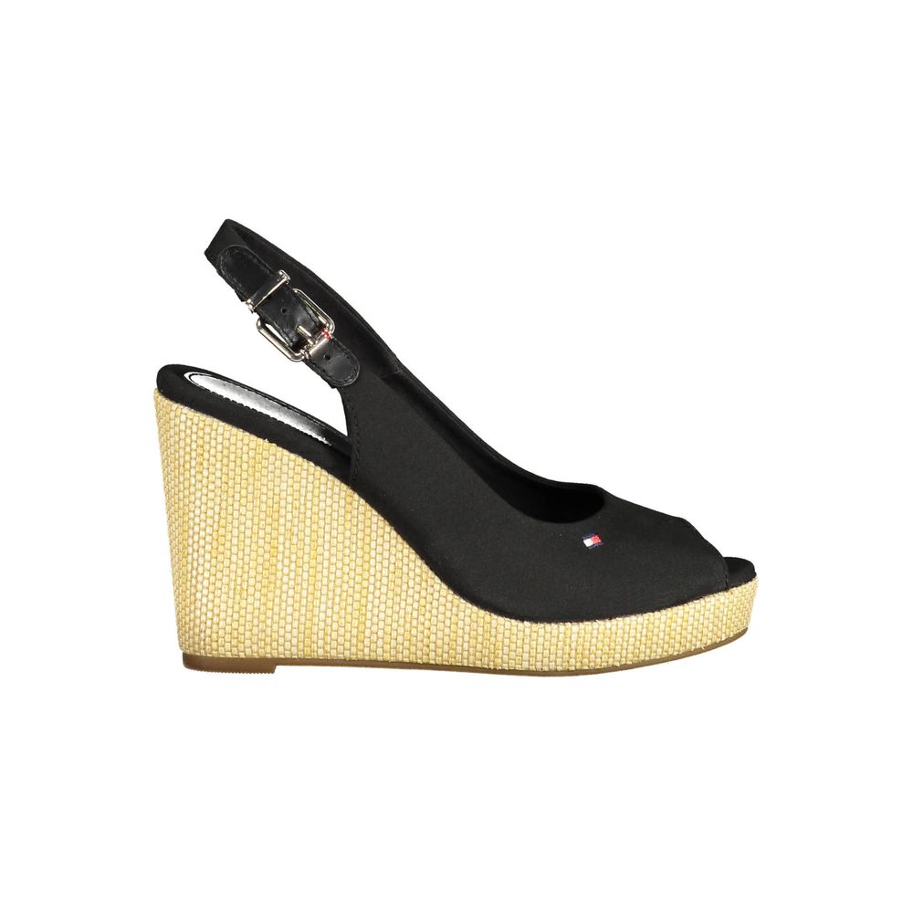 Tommy Hilfiger Black Cotton Women Sandal with 11cm wedge and buckle closure, featuring Hilfiger logo embroidery, made from cotton and polyethylene.