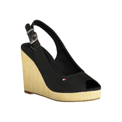 Tommy Hilfiger Black Cotton Women Sandal with 11cm wedge, buckle closure, Hilfiger logo embroidery. Elegant and comfortable fashion.