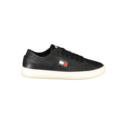 Tommy Hilfiger Black Leather Women's Sneaker with logo, featuring sleek design and comfortable removable footbed.