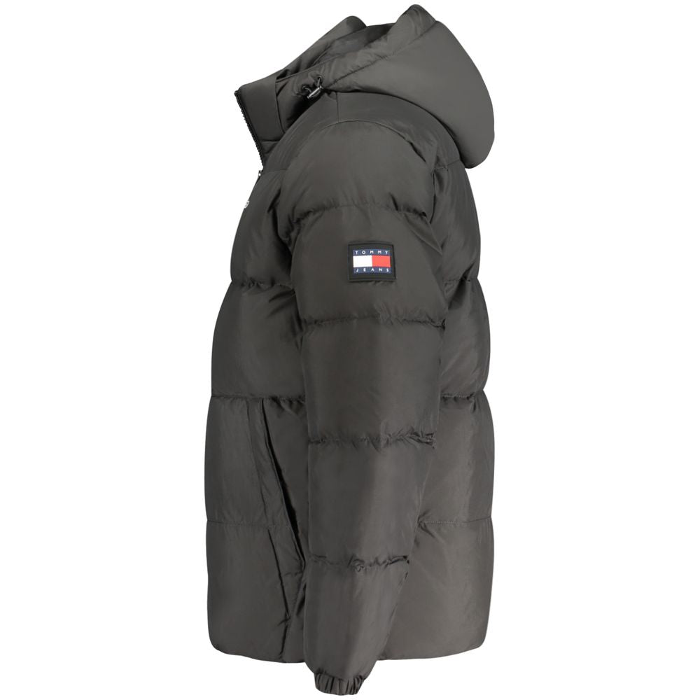 Tommy Hilfiger Black Recycled Polyester Men Jacket with hood and zip closure, side profile view.