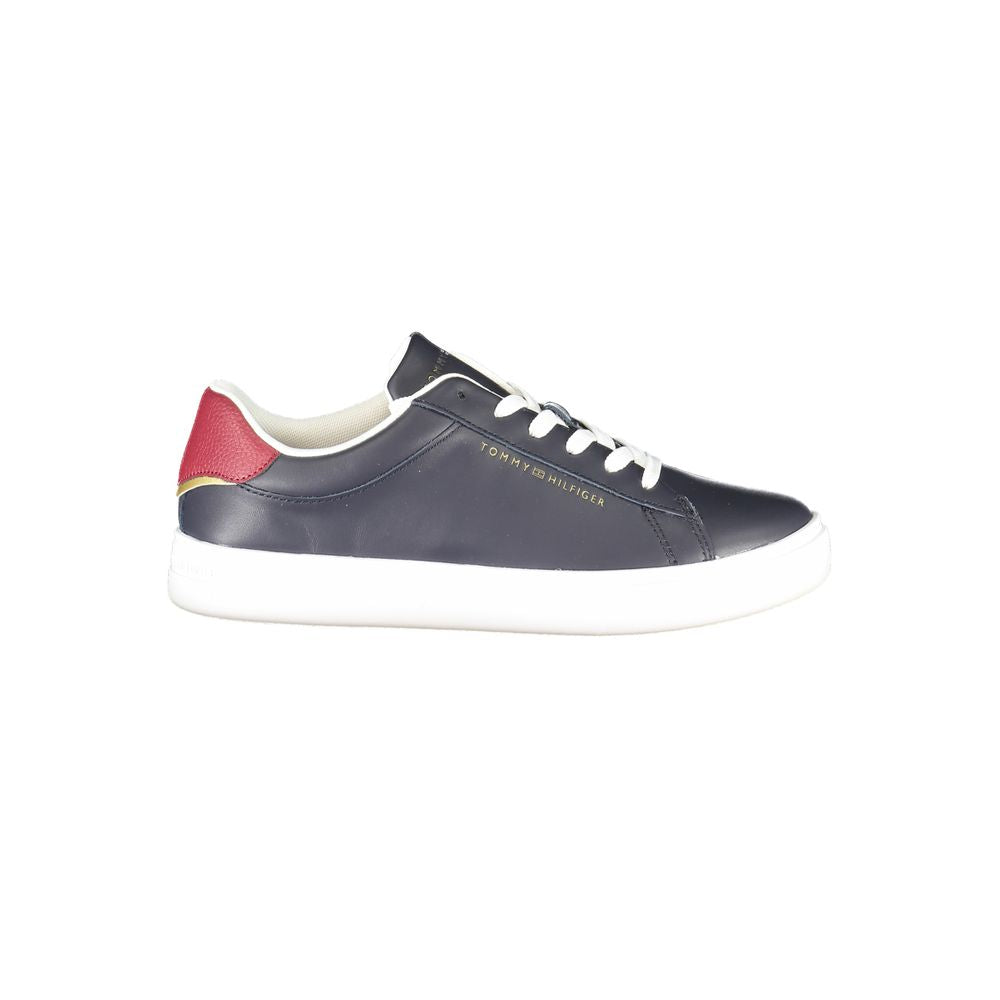 Tommy Hilfiger Blue Leather Women Sneaker with red heel detail, featuring the iconic logo and sleek design for style and comfort.