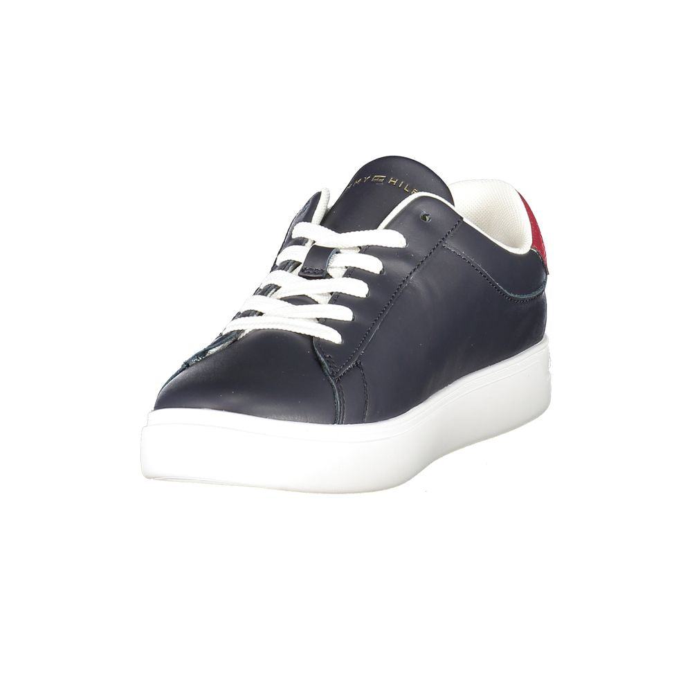 Tommy Hilfiger Blue Leather Women Sneaker with white sole and red accents, featuring iconic logo and contrasting details for chic style.