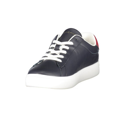 Tommy Hilfiger Blue Leather Women Sneaker with white sole and red accents, featuring iconic logo and contrasting details for chic style.