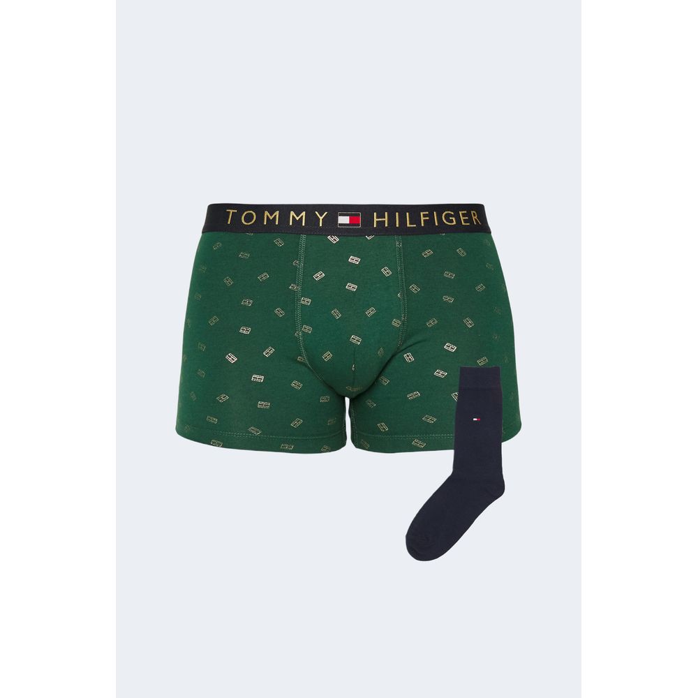 Tommy Hilfiger Green Cotton Boxers with socks set, featuring a graphic pattern and iconic logo waistband in gift box.