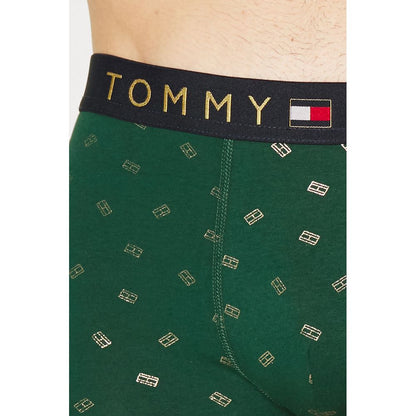 Close-up of Tommy Hilfiger Green Cotton Boxers with gold pattern and logo waistband.