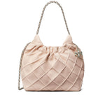 Tory Burch Fleming mini leather hobo bag in pale pink with quilted design and chain-link shoulder strap, featuring detachable charm.