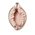 Tory Burch Fleming mini leather hobo bag with pale pink gathered top, chain-link shoulder strap, and detachable charm.